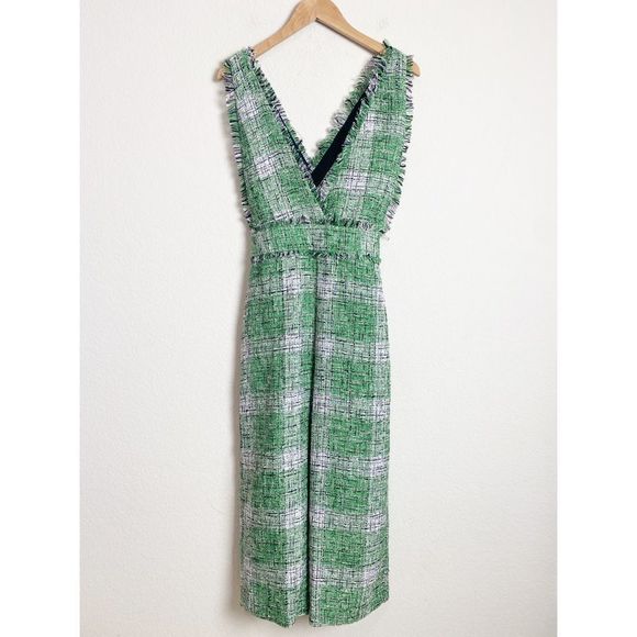 Zara Pants - ZARA Green Jumpsuit Medium Womens Plaid Frayed Cropped Overalls Woven Wide Leg